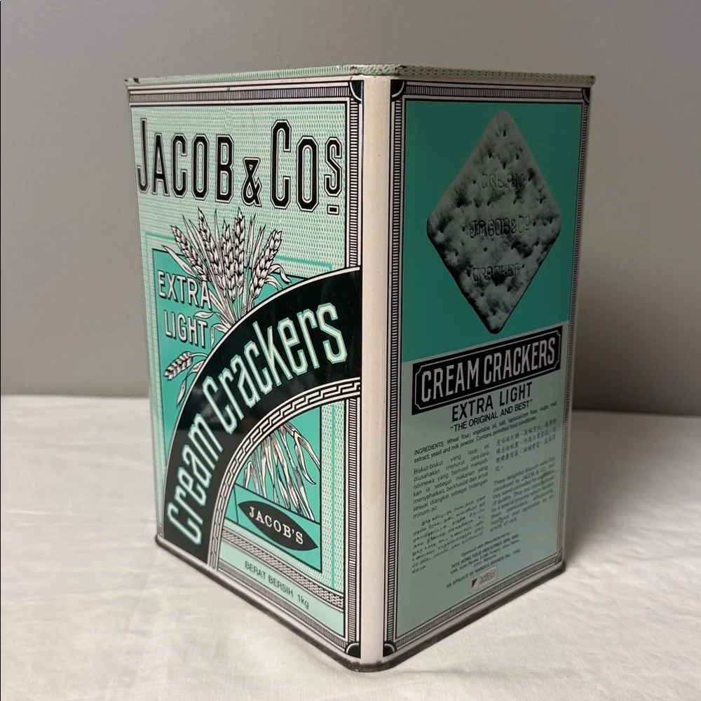 Vintage Jacob & Co Cream Crackers Tin Extra Light Green Advertising 1kg